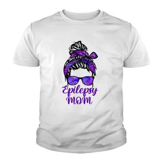 Epilepsy Mom Messy Bun Hair Glasses Bandana Purple Ribbon Youth T-shirt | Mazezy