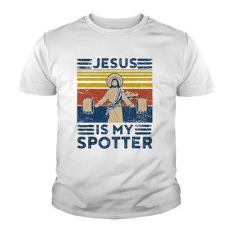 Funny Gym Jesus Is My Spotter Funny Workout Jesus Youth T-shirt | Mazezy