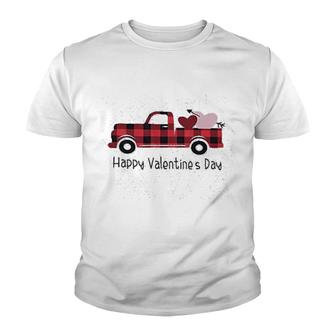 Happy Valentines Day Heart Cute Red Plaid Truck Youth T-shirt | Mazezy
