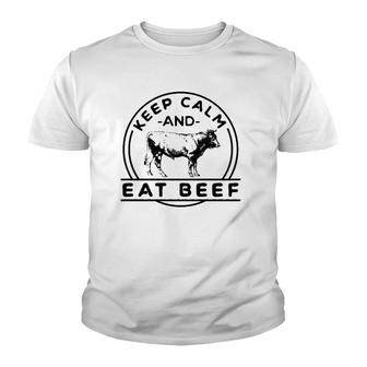 Keep Calm And Eat Beef Funny Farming Cattle Rancher Cow Youth T-shirt | Mazezy UK