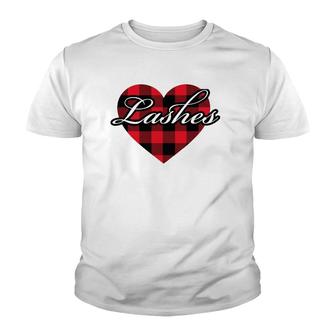 Lashes Heart Buffalo Plaid Valentine Spa Or Salon Wear Beautician Youth T-shirt | Mazezy