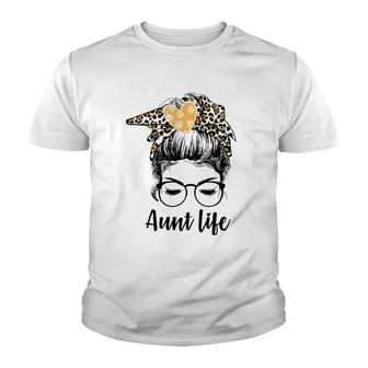 Leopard Auties Aunt Life Cute Messy Bun Girl Mother's Day Youth T-shirt | Mazezy