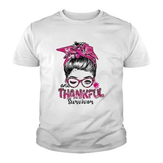Messy Bun Mom One Thankful Survivor Breast Cancer Awareness Youth T-shirt | Mazezy