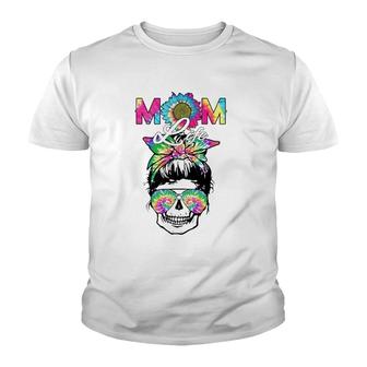 Mom Life Skull Messy Bun Tie Dye Bandana Mother's Day Mama Youth T-shirt | Mazezy