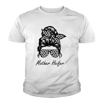 Mother Heifer Farmer Mom Cow Messy Bun Hair Bandana Cow Youth T-shirt | Mazezy