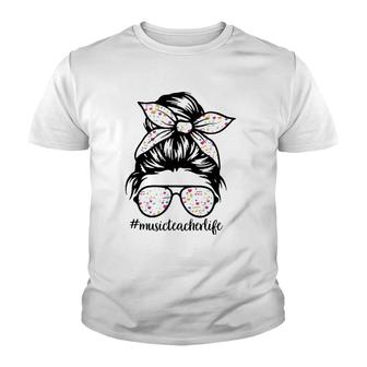 Music Teacher Messy Bun Life Hair Glasses Musical Notes Youth T-shirt | Mazezy