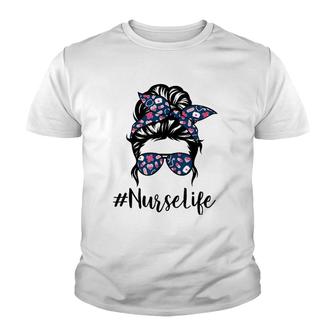 Nurse Messy Bun Life Hair Glasses Mother's Day Youth T-shirt | Mazezy