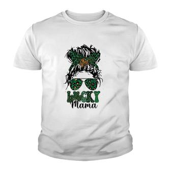 Patricks Lucky Mama Leopard Buffalo Clovers Messy Bun Girls Youth T-shirt | Mazezy