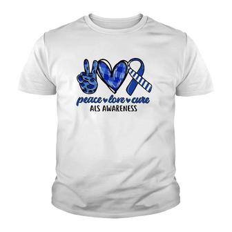 Peace Love Cure Blue & White Ribbon Als Awareness Month Youth T-shirt | Mazezy
