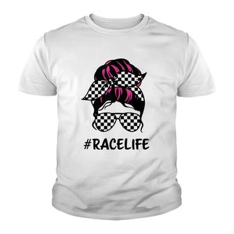 Race Life Checkered Racing Pink Messy Bun Hair Mothers Day Youth T-shirt | Mazezy