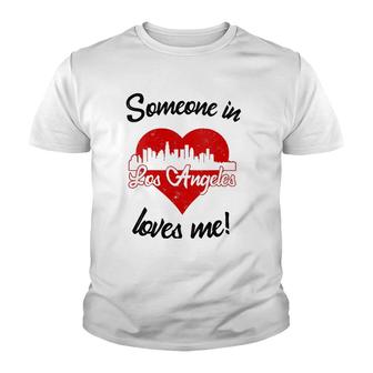 Someone In Los Angeles Loves Me Red Heart Skyline V-Neck Youth T-shirt | Mazezy