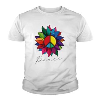 Sunflower Flower Rainbow Peace Sign World Retro Hippie 70'S Youth T-shirt | Mazezy