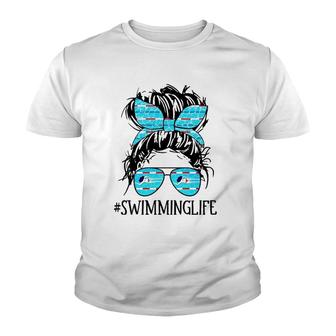 Swimming Life Swim Messy Bun Hair Swimming Mom For Women Youth T-shirt | Mazezy