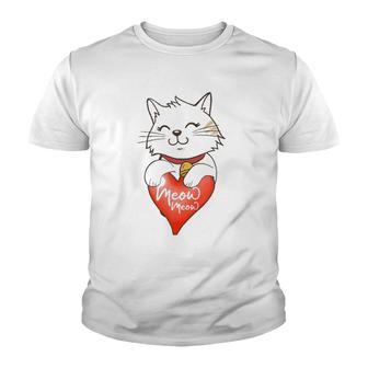 Valentine Cat Love Heart Meow Meme Valentine Lover Couple Youth T-shirt | Mazezy