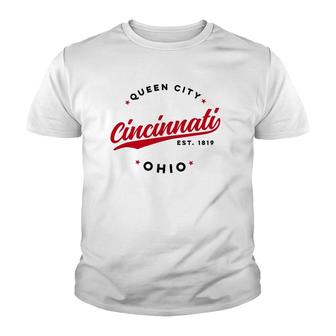 Vintage Cincinnati Ohio Queen City Red Text Youth T-shirt | Mazezy