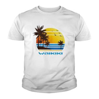 Waikiki Hawaii Island Beach Surf Sunset Palms Ocean Vacay Youth T-shirt | Mazezy