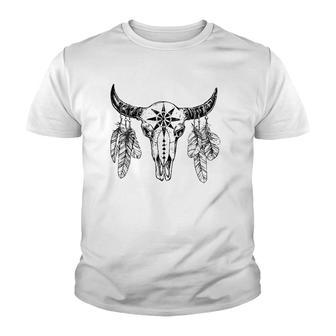 Western Rodeo Bull Skull With Feathers Youth T-shirt | Mazezy