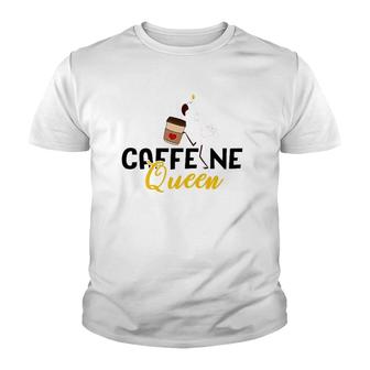 Womens Caffeine Queen Flamingo Holding Coffee Cup Funny Coffee Lover Youth T-shirt | Mazezy