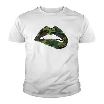 Womens Camouflage Lips Mouth Military Kiss Me Biting Camo Kissing V-Neck Youth T-shirt | Mazezy AU