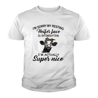Womens Funny Cow Im Sorry My Resting Heifer Face Is Intimidating Youth T-shirt - Thegiftio UK