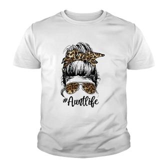 Womens Leopard Auties Aunt Life Cute Messy Bun Girl Mother's Day V-Neck Youth T-shirt | Mazezy