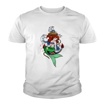 Womens Little Mermaid Under The Sea Tattoo Style Portrait V-Neck Youth T-shirt | Mazezy AU