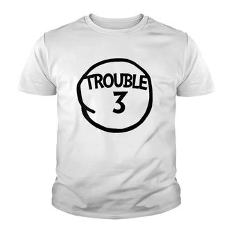 Womens Trouble 3 Funny Trouble Three Matching Group V-Neck Youth T-shirt | Mazezy