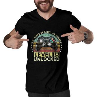 18th Video Gamer Birthday Gift Level 18 Unlocked Funny Gamer Star Cute Men V-Neck Tshirt - Seseable