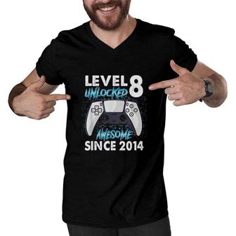 8th Birthday Gift Boys Level 8 Unlocked Awesome 2014 Gamer Men V-Neck Tshirt - Seseable