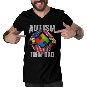 Autism Twin Dad American Flag Autism Awareness Men V-Neck Tshirt | Mazezy