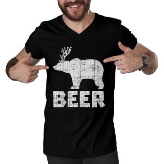 Bear Deer Beer Funny Drinking Hunting Camping Dad Uncle Gift Men V-Neck Tshirt | Mazezy