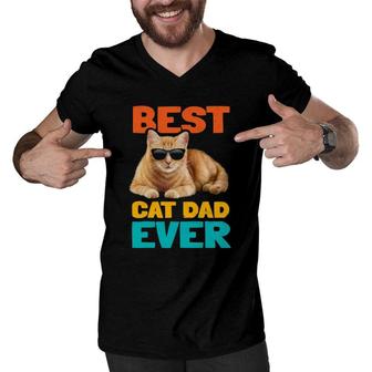Best Cat Dad Ever Funny Cat Owner Tabby Birthday Fathers Day Men V-Neck Tshirt | Mazezy