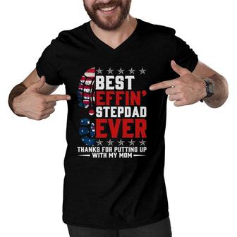 Best Effin’ Stepdad Ever Thanks For Putting Up With My Mom American Flag Foot Men V-Neck Tshirt | Mazezy