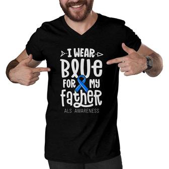 Blue Ribbon For Father Gift Als Awareness Family Cure Men V-Neck Tshirt | Mazezy
