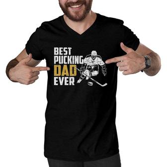 Cool Hockey Dad Fathers Day Pucking Dad Ever Men V-Neck Tshirt | Mazezy