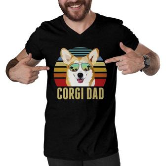Corgi Dog Dad Vintage Retro Sunset Beach Vibe Fathers Day Men V-Neck Tshirt | Mazezy