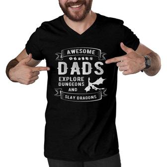 Dad Explore Dungeons Slay Dragons Rpg Tabletop Fathers Day Men V-Neck Tshirt | Mazezy