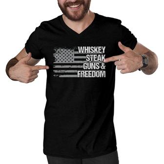 Dad Grandpa Veteran Us Flag Whiskey Steak Guns Freedom Men V-Neck Tshirt | Mazezy