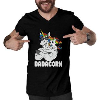 Dadacorn Muscle Unicorn Dad With Baby Daughter Sunglasses Men V-Neck Tshirt | Mazezy