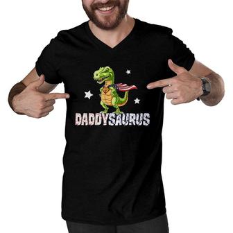 Daddysaurus Hero Dinosaur Dad American Flag Fathers Day Gift Men V-Neck Tshirt | Mazezy