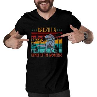 Dadzilla Father Of The Monsters Vintage Dino Dad Fathers Day Men V-Neck Tshirt | Mazezy