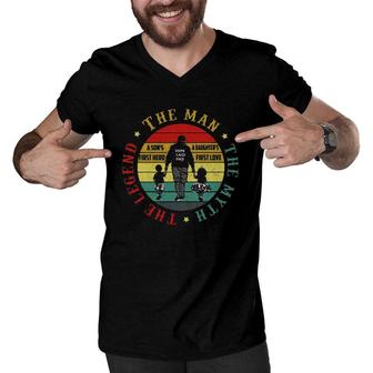 Dope Black Dad The Man The Myth The Legend A Son's First Hero & A Daughter's First Love Retro Vintage Father's Day Men V-Neck Tshirt | Mazezy