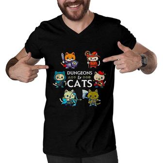 Dungeons And Cats RPG D20 Dice Nerdy Fantasy Gamer Cat Gift Men V-Neck Tshirt - Seseable