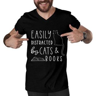 Easily Distracted Cats And Books Funny Gift For Cat Lovers Men V-Neck Tshirt