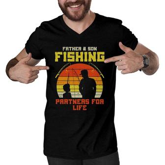 Father Son Fishing Partners For Life Retro Matching Dad Gift Men V-Neck Tshirt | Mazezy