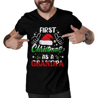 First Christmas As A Grandpa Santa Hat Xmas Light 2021 Men V-Neck Tshirt | Mazezy
