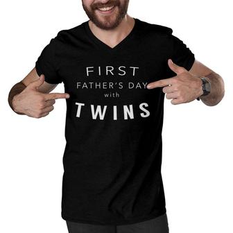 First Father's Day With Twins - Gift For Dad Of Twins Men V-Neck Tshirt | Mazezy