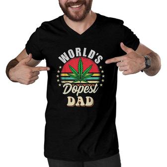 Funny Fathers Day Star Weed Dad Vintage Worlds Dopest Dad Men V-Neck Tshirt - Seseable