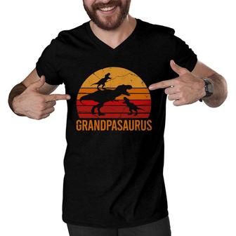Funny Grandpa Dinosaur Daddy Gift 2 Two Kids Grandpasaurus Men V-Neck Tshirt | Mazezy