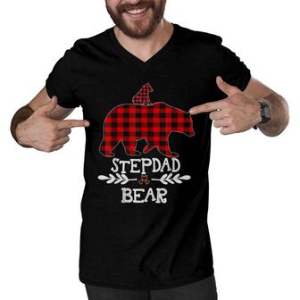 Funny Stepdad Bear Matching Family Christmas Bear Red Plaid Men V-Neck Tshirt | Mazezy